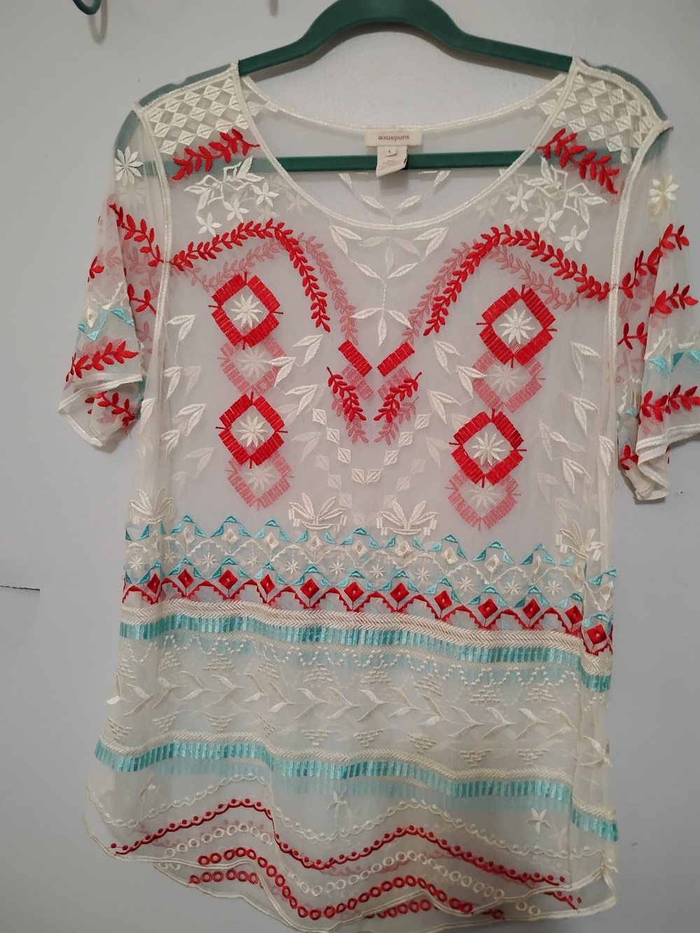 Sundance Sheer White Tunic with Red & Aqua Embroidery Large